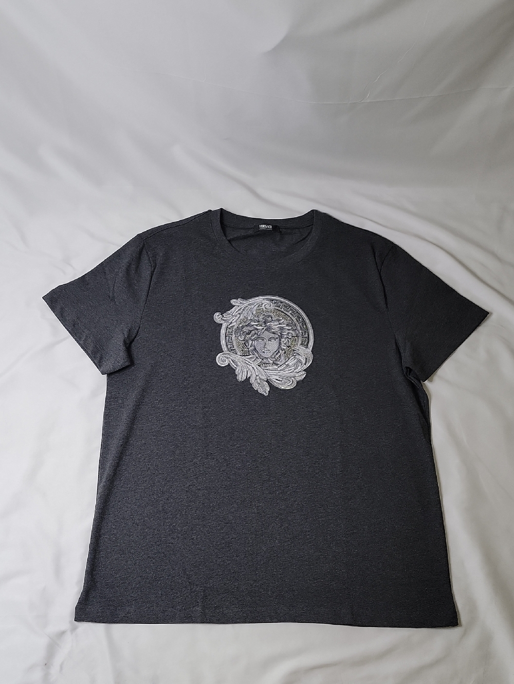 Versace Dark Gray Crewneck T-Shirt with Silver Medusa Emblem